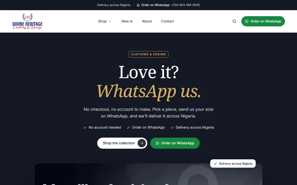 Divine Heritage homepage: 'Love it? WhatsApp us.' with an Order on WhatsApp button